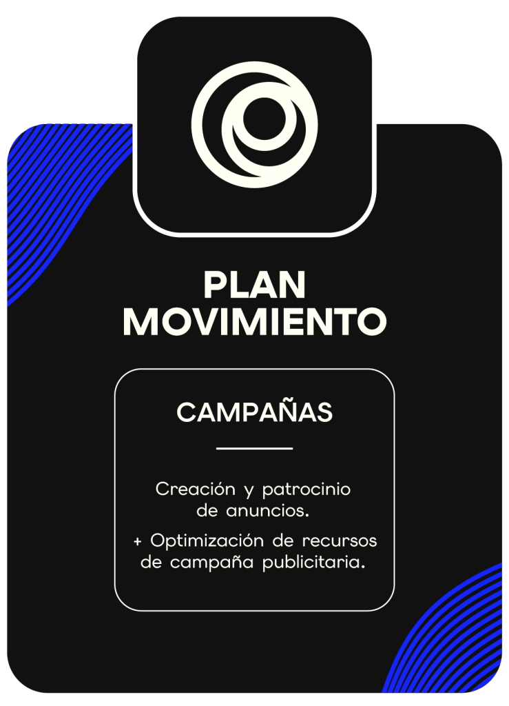 Infografía del Plan Movimiento de Richter Media enfocado en Campañas, incluyendo creación, patrocinio y optimización de anuncios publicitarios.