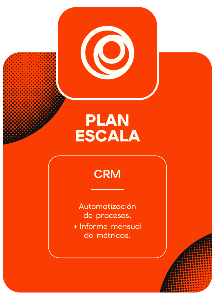 Infografía del Plan Escala de Richter Media que destaca el servicio de CRM, automatización de procesos e informes mensuales de métricas.