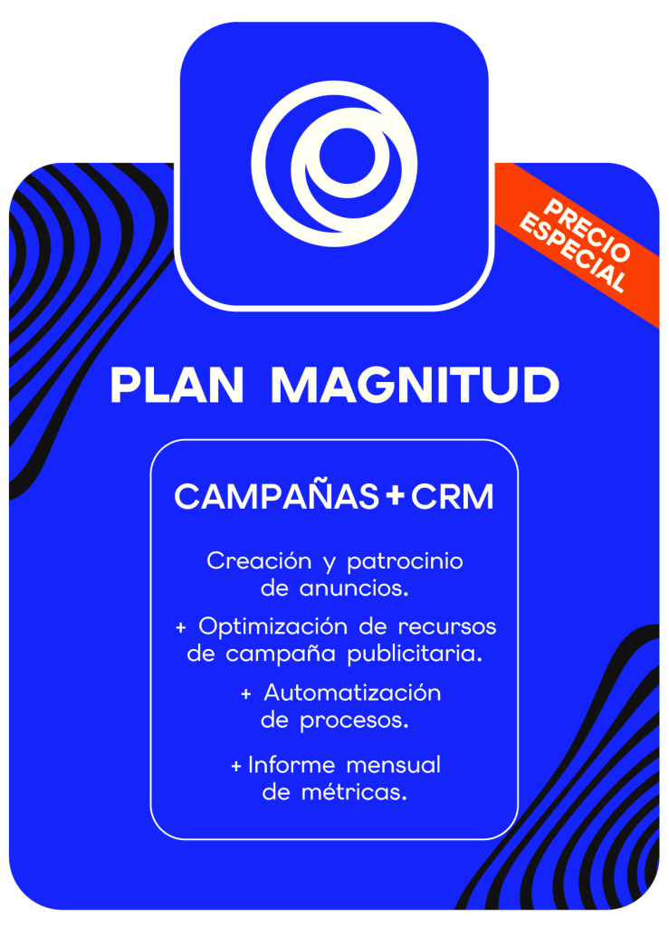 Infografía del Plan Magnitud de Richter Media que detalla servicios de Campañas y CRM, incluyendo creación de anuncios, automatización de procesos e informes métricos.