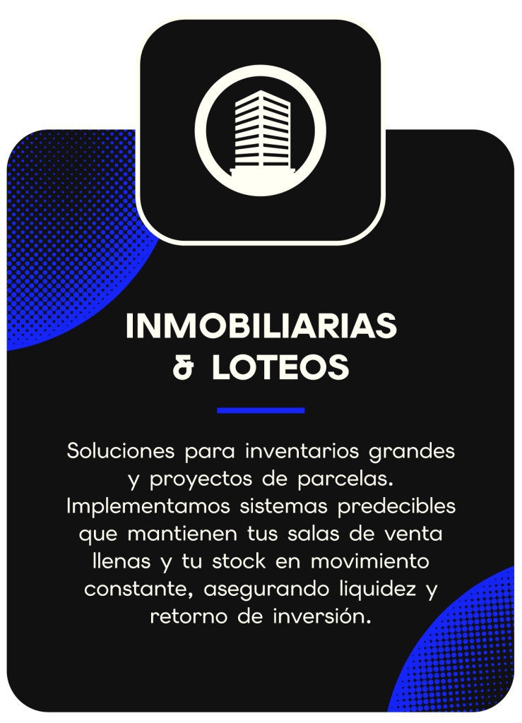 Infografía de Inmobiliarias y Loteos de Richter Media sobre sistemas de captación predecibles para acelerar la liquidez de grandes proyectos.