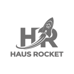 Logo de Haus Rocket que muestra las letras HR con un cohete despegando y el nombre debajo.